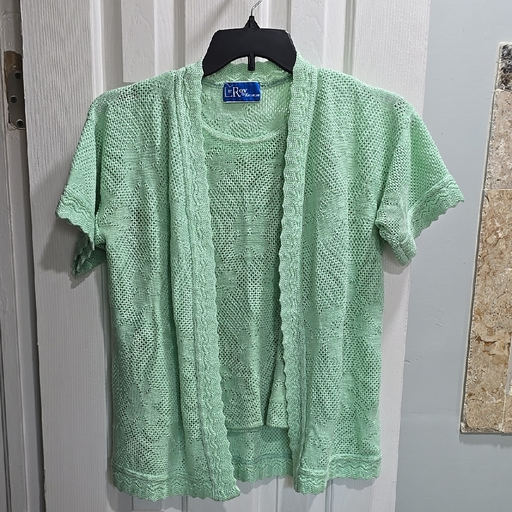 Green Knit Open Cardigan Skirt Set - Picture 1 of 10